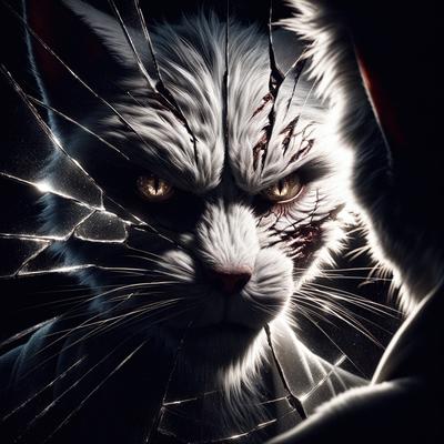 The primary subject of the image is a white cat with a ferocious expression. The cat is surrounded by a glass surface, which adds a unique visual effect to the scene. The setting appears to be a dark room, and the visual style is a combination of photo and digital art. The dominant colors in the image are white and black, creating a dramatic and intense atmosphere.